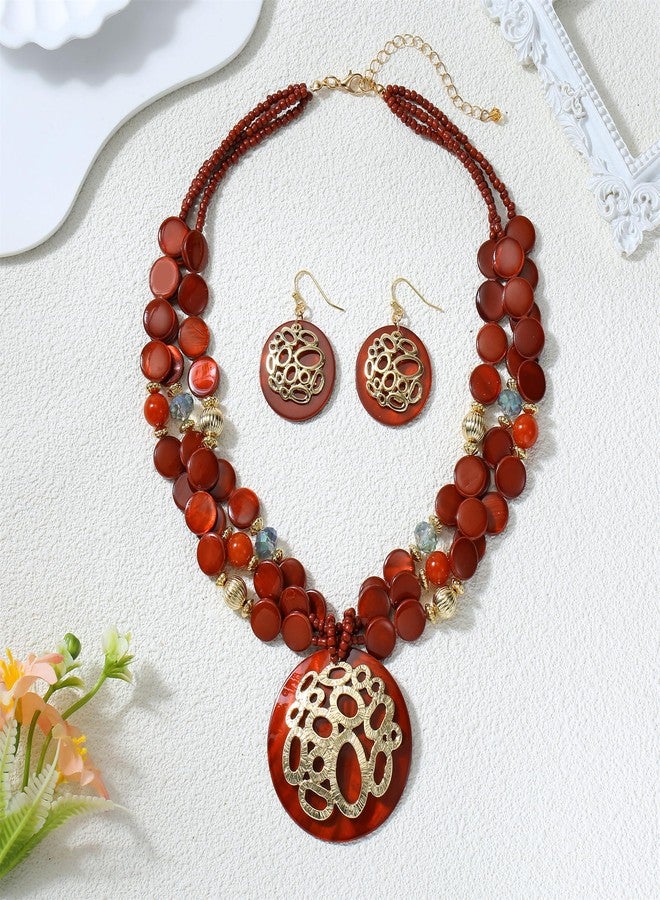 Xalroco Gold / Silver plated Circle Metal Patterned Shell Pendant Necklace and Earrings Colorful Chunky Layered Shell Crystal Stone Beads Necklace Set for Women Leopard Print Brown Jewelry Set Gift (burnt orange) - Image 2